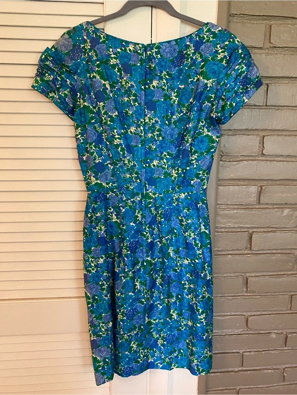 Vintage Blue & Green Floral Cap-Sleeve Sheath Dress 50’s 60’s - Picture 6 of 8